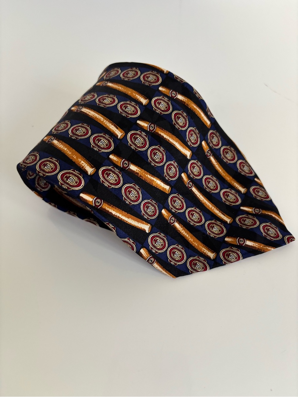 Classic Navy Silk Tie with Gold and Burgundy Cigars Motif